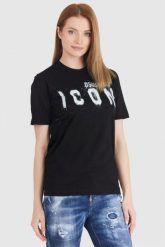 DSQUARED2 Czarny t-shirt damski icon spray. Czarne t-shirty damskie Dsquared2, s, bez wzorów, z bawełny, bez kołnierzyka. W wyprzedaży za 599.99 zł.