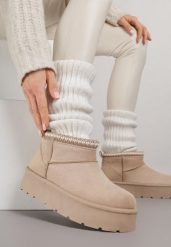 Ciemnobeżowe Śniegowce na Grubej Podeszwie Zdobione Haftem Sewnella. Brązowe śniegowce damskie Born2be, z jeansu. Za 69.99 zł.