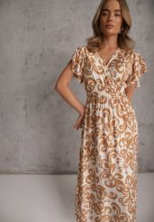 Brązowa Taliowana Sukienka z Wiskozy z Kopertowym Dekoltem Jynaela. Brązowe sukienki damskie Renee, l, bez wzorów, z tkaniny, boho, bez kołnierzyka, bez ramiączek, midi, kopertowe. Za 79.99 zł.