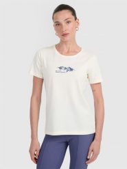 4F T-shirt regular z nadrukiem damski - biały XS. Białe t-shirty damskie 4f, xs, bez wzorów, z bawełny, bez kołnierzyka. Za 59.99 zł.