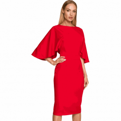 Sukienka elegancka ołówkowa z szerokimi rękawami czerwona z pelerynką. Czerwone sukienki damskie Sukienki.shop, na komunię, xxl, bez wzorów, eleganckie, bez kołnierzyka, bez ramiączek, ołówkowe. Za 289.00 zł.