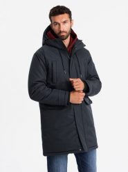 Klasyczna długa męska kurtka typu parka – czarna V6 OM-JALJ-0166 - L. Czarne kurtki męskie Ombre Clothing, l, z aplikacjami, z gumy. W wyprzedaży za 179.99 zł.