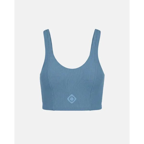 Bixby TOP damska dzikadowa sportowa koszulka z wzmocnioną miseczką. Niebieskie bluzki sportowe damskie IZAS, m, z materiału, bez kołnierzyka, bez ramiączek. Za 193.99 zł.