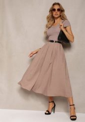 Ciemnobeżowa Sukienka o Rozkloszowanym Kroju z Krótkim Rękawem i Paskiem z Ekoskóry Frinna. Brązowe sukienki damskie Renee, na co dzień, bez wzorów, eleganckie, bez kołnierzyka, bez ramiączek, midi, rozkloszowane. Za 229.99 zł.