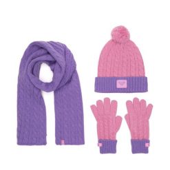 Zestaw czapka, szalik i rękawiczki Roxy. Fioletowe rękawiczki dziecięce Roxy, bez ramiączek. Za 99.99 zł.