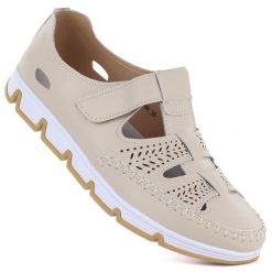 Skórzane półbuty damskie ażurowe na rzep beżowe T.Sokolski W26-86. Brązowe półbuty damskie T.Sokolski, w ażurowe wzory, ze skóry, bez obcasa. Za 169.99 zł.