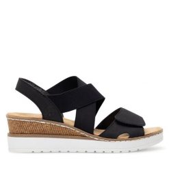 Sandały Rieker. Czarne sandały damskie Rieker, bez wzorów, bez obcasa, na koturnie. Za 289.99 zł.