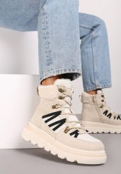 Beżowe Futerkowe Traperki na Niskiej Platformie Linivora. Brązowe trapery damskie Renee, z jeansu, bez obcasa, na platformie. Za 84.99 zł.