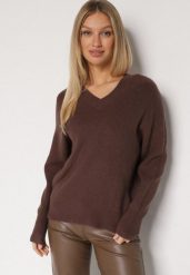 Brązowy Sweter z Domieszką Kaszmiru z Dekoltem w Serek Feralaine. Brązowe swetry klasyczne damskie Born2be, z jeansu, bez kołnierzyka. Za 104.99 zł.