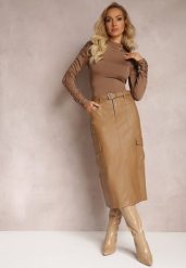 Beżowa Spódnica Midi z Imitacji Skóry Paskiem i Kieszeniami Cargo Edvardisa. Brązowe spódniczki damskie Renee, m, bez wzorów, ze skóry, midi, ołówkowe. Za 149.99 zł.