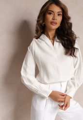 Biała Bluzka z Bufiastymi Rękawami i Trójkątnym Dekoltem Hilko. Białe bluzki damskie Renee, s, bez wzorów, z wiskozy, eleganckie, bez kołnierzyka, bez ramiączek. Za 69.99 zł.