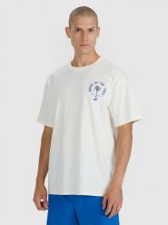 4F T-shirt oversize z nadrukiem męski - beżowy M. Brązowe t-shirty męskie 4f, m, bez wzorów, z bawełny, bez kołnierzyka. Za 69.99 zł.