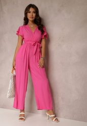 Fuksjowy Kombinezon z Wiskozy Zotolio. Czerwone kombinezony damskie Renee, na lato, s, bez wzorów, z materiału, eleganckie, bez kołnierzyka, bez ramiączek, długie. Za 49.99 zł.
