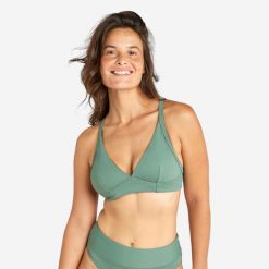 Góra kostiumu kąpielowego surfingowego damska Olaian Bea. Zielone bikini damskie Decathlon, bez wzorów. Za 99.99 zł.