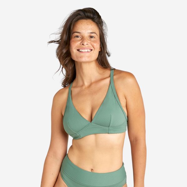 Góra kostiumu kąpielowego surfingowego damska Olaian Bea. Zielone bikini damskie Decathlon, bez wzorów. Za 99.99 zł.