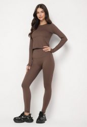 Brązowy Komplet Sportowy Legginsy i Bluzka z Długim Rękawem Toretta. Brązowe bluzki sportowe damskie Born2be, m, z aplikacjami, bez ramiączek. Za 99.99 zł.