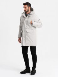 Długa klasyczna męska kurtka typu parka – kremowa V1 OM-JALJ-0166 - XXL. Białe kurtki męskie Ombre Clothing, l, z aplikacjami, z gumy. W wyprzedaży za 179.99 zł.