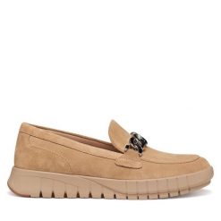 Półbuty Geox. Brązowe półbuty damskie Geox, bez wzorów, bez obcasa, na płaskiej podeszwie. Za 459.99 zł.