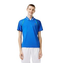 Koszulka męska Lacoste. Niebieskie t-shirty sportowe męskie Lacoste, l, z materiału, bez ramiączek, na golfa. Za 357.00 zł.