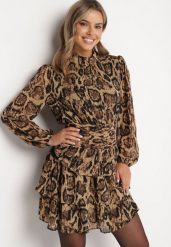 Brązowa Sukienka w Panterkę o Rozkloszowanym Kroju ze Stójką i Falbankami Tirinnis. Brązowe sukienki damskie Born2be, l, bez wzorów, eleganckie, bez kołnierzyka, bez ramiączek, mini, rozkloszowane. W wyprzedaży za 135.99 zł.