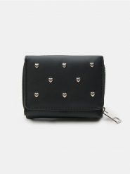 Mały portfel z imitacji skóry i ozdobnymi sercami - czarny. Czarne portfele damskie Sinsay, bez wzorów, ze skóry. Za 29.99 zł.