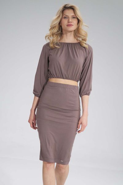 Krótka Marszczona Bluzka z Rękawem 3/4 - Brązowa. Brązowe bluzki damskie Figl, m, bez wzorów, z elastanu, bez kołnierzyka, bez ramiączek. Za 159.00 zł.