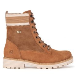 Trzewiki Remonte. Brązowe botki damskie Remonte, bez obcasa, na płaskiej podeszwie, bez zapięcia. Za 363.99 zł.