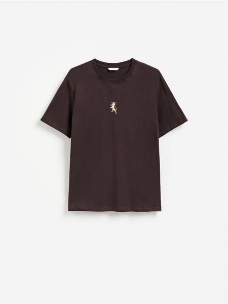 Bawełniany t-shirt regular - ciemnobrązowy. Brązowe t-shirty męskie Reserved, l, bez wzorów, z bawełny, bez kołnierzyka. Za 59.99 zł.