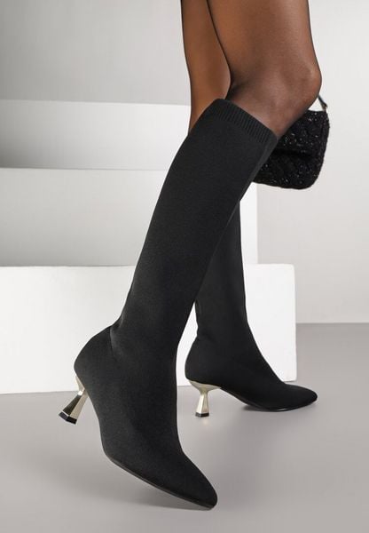 Czarno-Złote Kozaki Vices na Kaczuszce Ozdobione Skarpetową Cholewką Asonelle. Czarne kozaki damskie Renee, bez obcasa, na obcasie. Za 109.99 zł.