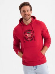 Bluza męska kangurka z nadrukiem - czerwona V2 - Rozmiar: L. Czerwone bluzy z kapturem męskie Ombre Clothing, l, z bawełny. W wyprzedaży za 59.99 zł.