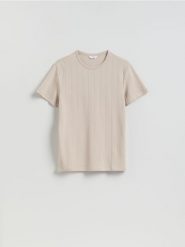 T-shirt slim fit - beżowy. Brązowe t-shirty męskie Reserved, l, bez wzorów, z bawełny, bez kołnierzyka. Za 69.99 zł.