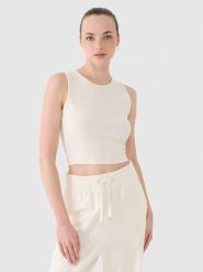 4F Crop top dzianinowy damski - biały S. Białe topy damskie 4f, s, bez wzorów, z bawełny, bez kołnierzyka. W wyprzedaży za 29.99 zł.