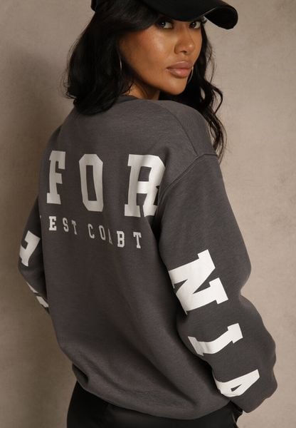 Szara Bluza Ocieplana z Bawełną Ozdobiona Napisem Fezurra. Szare bluzy bez kaptura damskie Renee, l, z bawełny. Za 64.99 zł.