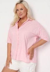 Różowa Bawełniana Koszula z Krótkim Rękawem Tinalyni. Czerwone koszule damskie Born2be, l, bez wzorów, z bawełny, biznesowe, bez kołnierzyka, plus size, bez ramiączek. Za 79.99 zł.