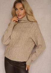 Ciemnobeżowy Casualowy Golf z Tłoczonym Wzorem Daivyn. Brązowe golfy damskie Renee, s, z aplikacjami, z jeansu, bez ramiączek. Za 79.99 zł.