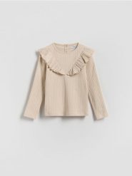 Prążkowana koszulka z falbaną - beżowy. Brązowe koszulki dziewczęce Reserved, m, bez wzorów, z bawełny, bez ramiączek. Za 29.99 zł.