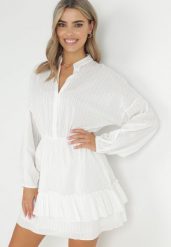 Biała Sukienka Nietoperz z Gumką w Pasie Amberly. Białe sukienki damskie Born2be, na co dzień, l, bez wzorów, z jeansu, eleganckie, bez kołnierzyka, bez ramiączek, mini. W wyprzedaży za 151.99 zł.