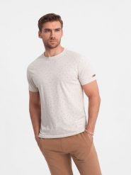 T-shirt męski fullprint z kolorowymi literami - jasnobeżowy V1. Brązowe t-shirty męskie Ombre Clothing, l, bez wzorów, z bawełny, bez kołnierzyka. W wyprzedaży za 24.99 zł.