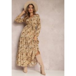 Beżowa Sukienka Kopertowa Maxi Fisa. Brązowe sukienki damskie Renee, l, z aplikacjami, z tkaniny, boho, bez kołnierzyka, bez ramiączek, maxi, kopertowe. W wyprzedaży za 83.99 zł.