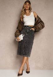 Czarna Jeansowa Spódnica z Bawełny High Waist z Rozcięciem i Paskiem w Zestawie Isanira. Czarne spódniczki damskie Renee, l, bez wzorów, z bawełny, biznesowe, z podwyższonym stanem, midi, proste. Za 129.99 zł.