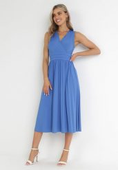 Niebieska Sukienka Midi Bez Rękawów z Plisowanym Dołem Dreana. Niebieskie sukienki damskie Born2be, na imprezę, l, bez wzorów, eleganckie, bez kołnierzyka, bez ramiączek, midi, plisowane. W wyprzedaży za 167.99 zł.