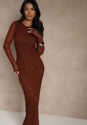 Brązowa Koronkowa Sukienka Typu Longsleeve o Dopasowanym Kroju Zenoresa. Brązowe sukienki damskie Renee, na imprezę, l, bez wzorów, z koronki, eleganckie, bez kołnierzyka, bez ramiączek, dopasowane. Za 159.99 zł.