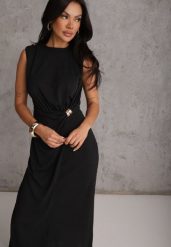 Czarna Koktajlowa Sukienka Taliowana z Marszczeniami i Metaliczną Ozdobą Zellnixi. Czarne sukienki damskie Renee, l, z aplikacjami, bez kołnierzyka, bez ramiączek, maxi, kopertowe. Za 169.99 zł.