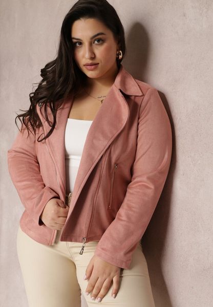 Ciemnoróżowa Asymetryczna Kurtka Ramoneska z Imitacji Zamszu Kmiya. Czerwone kurtki damskie Renee, l, bez wzorów, bez kaptura. Za 119.99 zł.