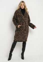 Brązowy Dwurzędowy Płaszcz w Panterkę Nesaltia. Brązowe płaszcze damskie Born2be, bez wzorów, biznesowe. Za 319.99 zł.