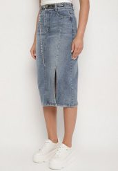 Granatowa Bawełniana Spódnica Jeansowa Ozdobiona Łańcuchem Lilisela. Niebieskie spódniczki damskie Born2be, s, bez wzorów, z bawełny, eleganckie, midi. Za 49.99 zł.