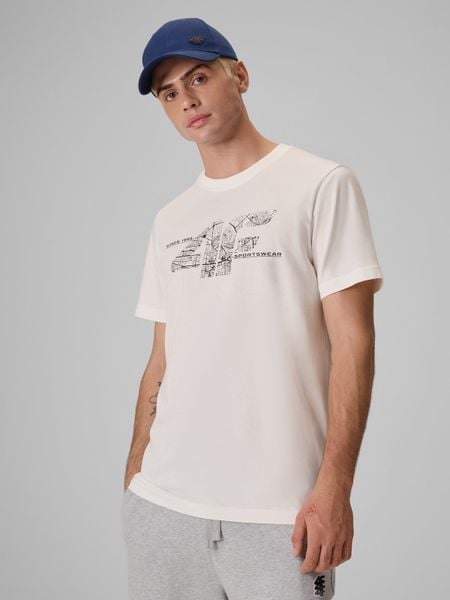 4F T-shirt regular z nadrukiem męski - kremowy 3XL. Białe t-shirty męskie 4f, m, bez wzorów, z bawełny, bez kołnierzyka. Za 69.99 zł.