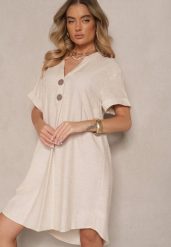 Jasnobeżowa Sukienka z Bawełny o Pudełkowym Kroju z Dużymi Guzikami Elanorella. Brązowe sukienki damskie Renee, na co dzień, na lato, m, bez wzorów, z bawełny, eleganckie, bez kołnierzyka, bez ramiączek, kopertowe. W wyprzedaży za 87.99 zł.