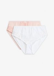 Figi maxi z kwiatową koronką (2 szt.). Czerwone figi damskie bonprix, bez wzorów, z koronki. Za 77.99 zł.