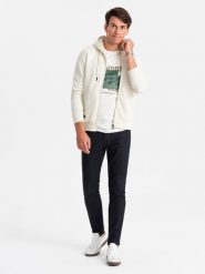 Męska rozpinana bluza dresowa BASIC – kremowa V5 OM-SSBZ-0160 - XXL. Białe bluzy z kapturem męskie Ombre Clothing, l, z dresówki. Za 125.99 zł.